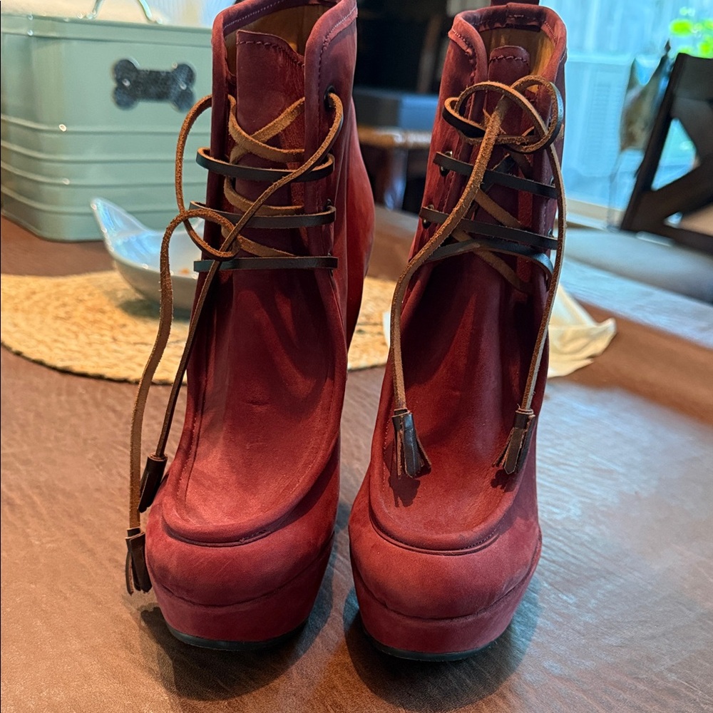 DSQUARED Burgundy Lace Up Wedge Boots - Picture 2 of 8